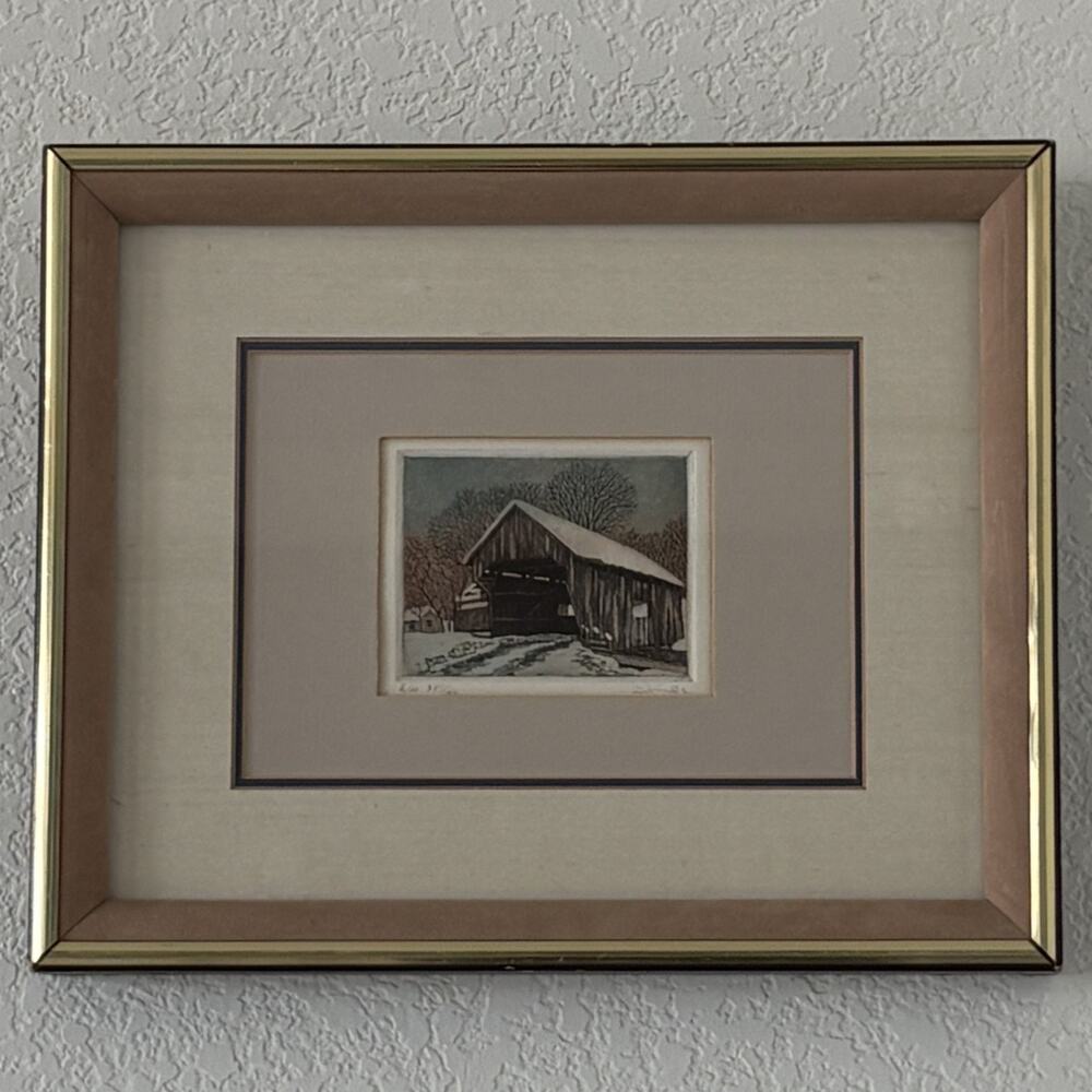 Vintage 1982 Covered Bridge Color Etching by John Behrendt – Signed AP EA